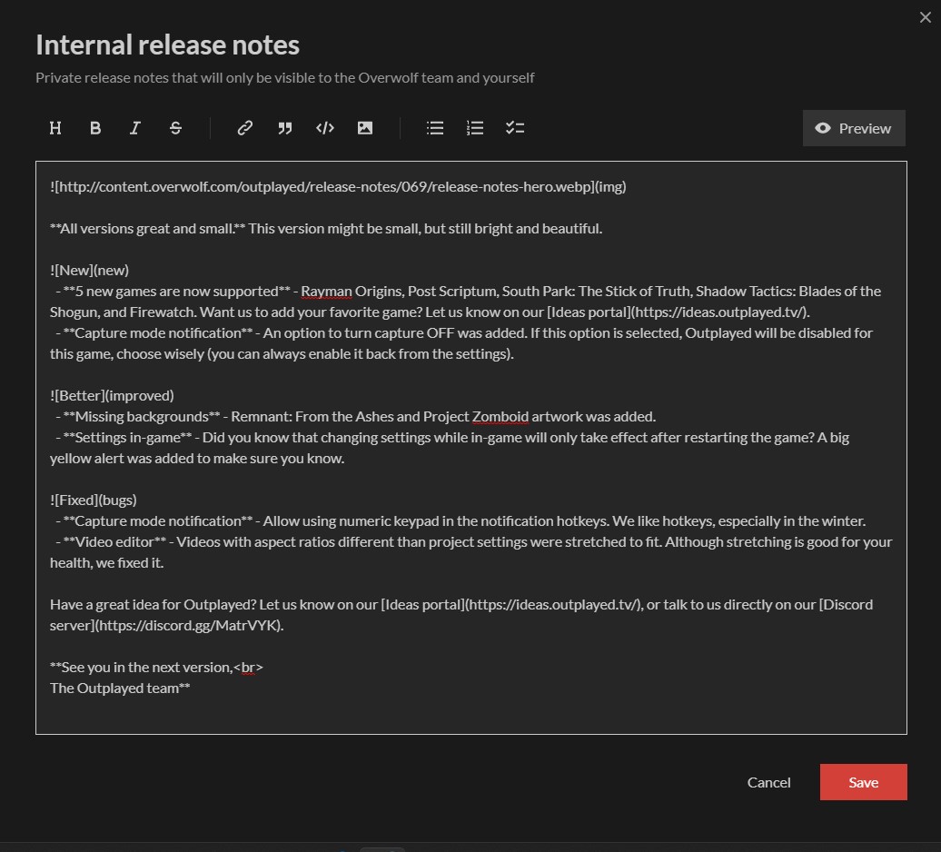 Internal Release Notes Edit